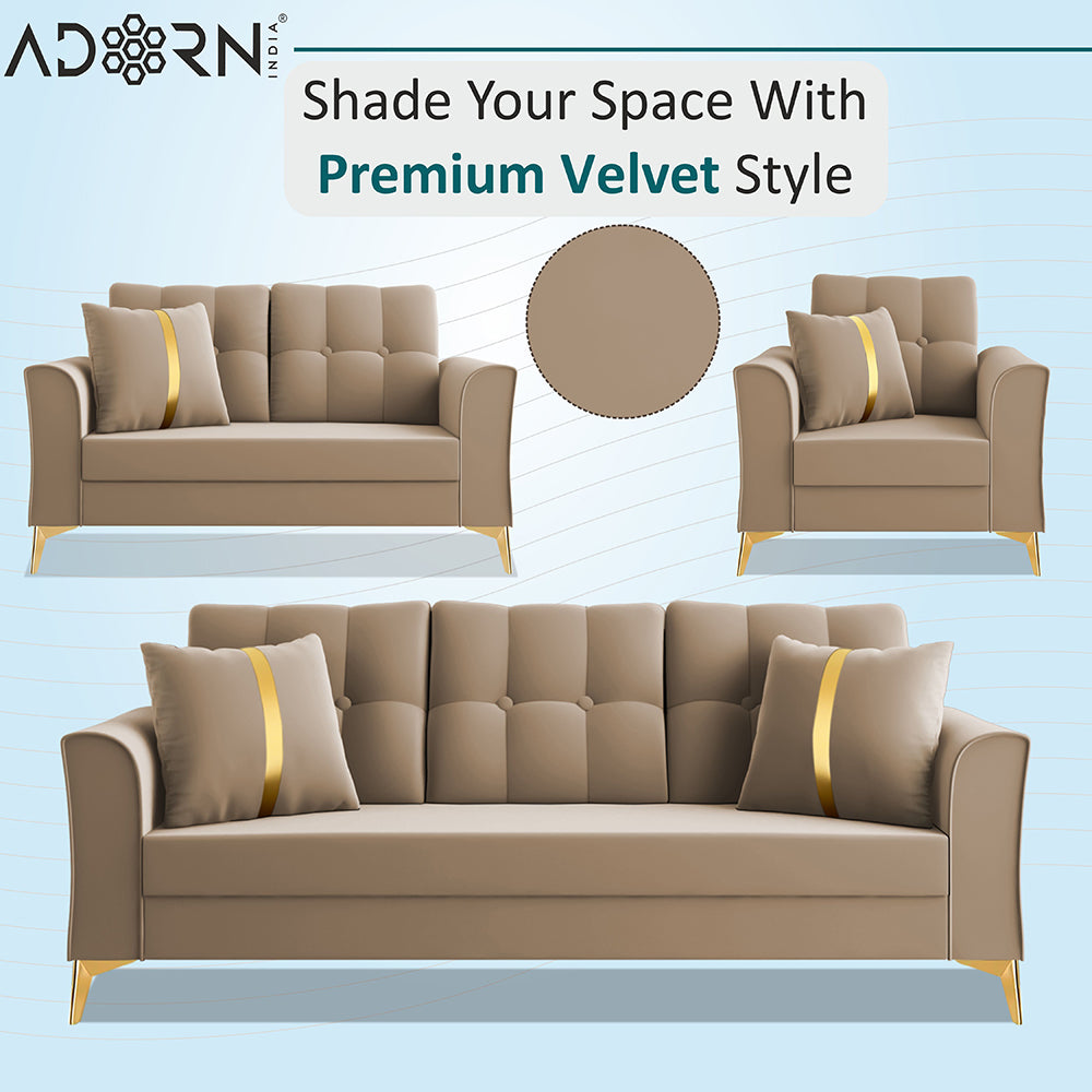 Adorn India Premium Maddox Tufted - 3 Years Warranty - 3+2+1 Sofa Set Velvet Suede Fabric - Beige