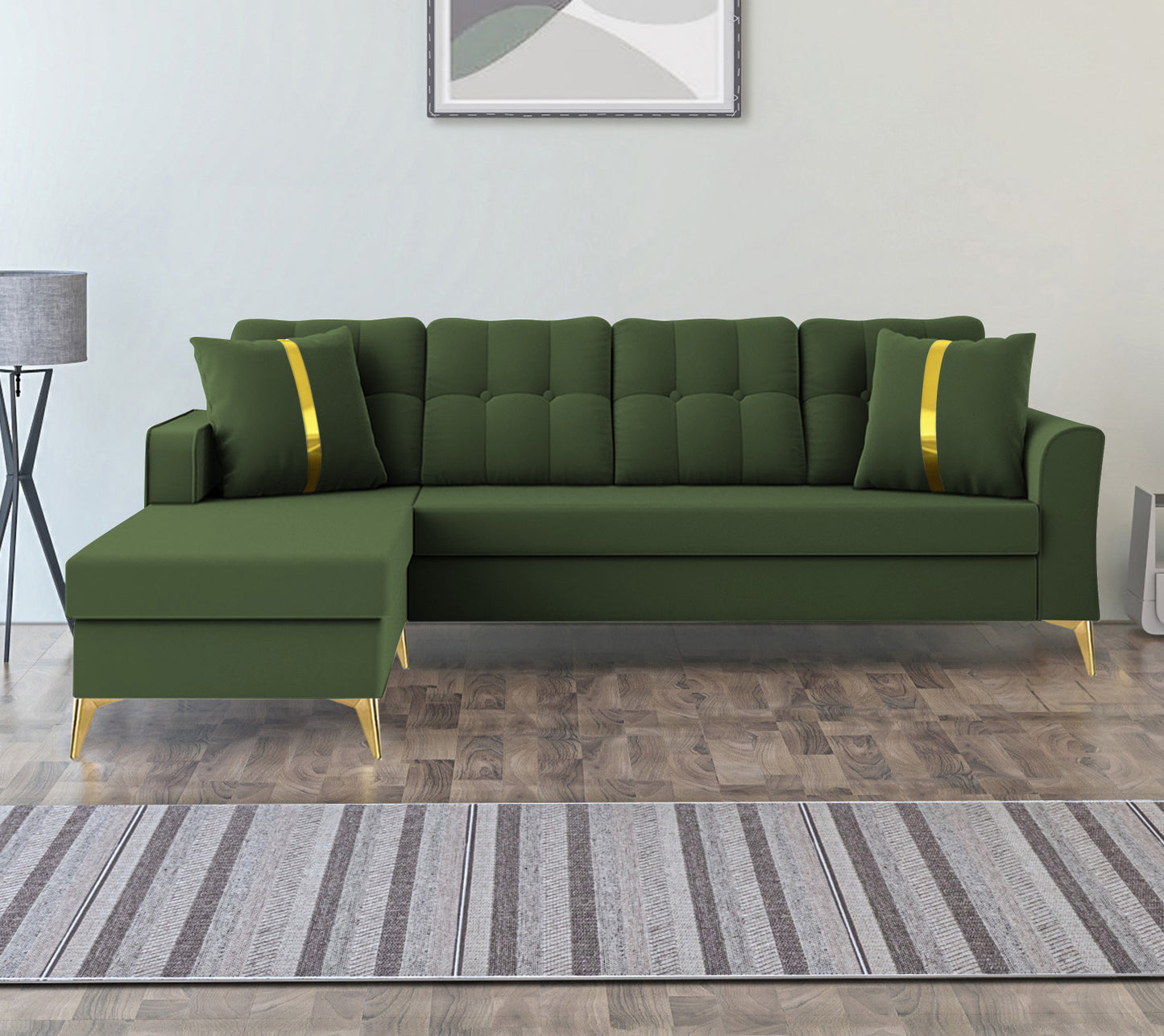 Adorn India Premium Maddox Tufted- 3 Years Warranty - L Shape 5 Seater Sofa Set -LHS-Velvet Suede Fabric - Green