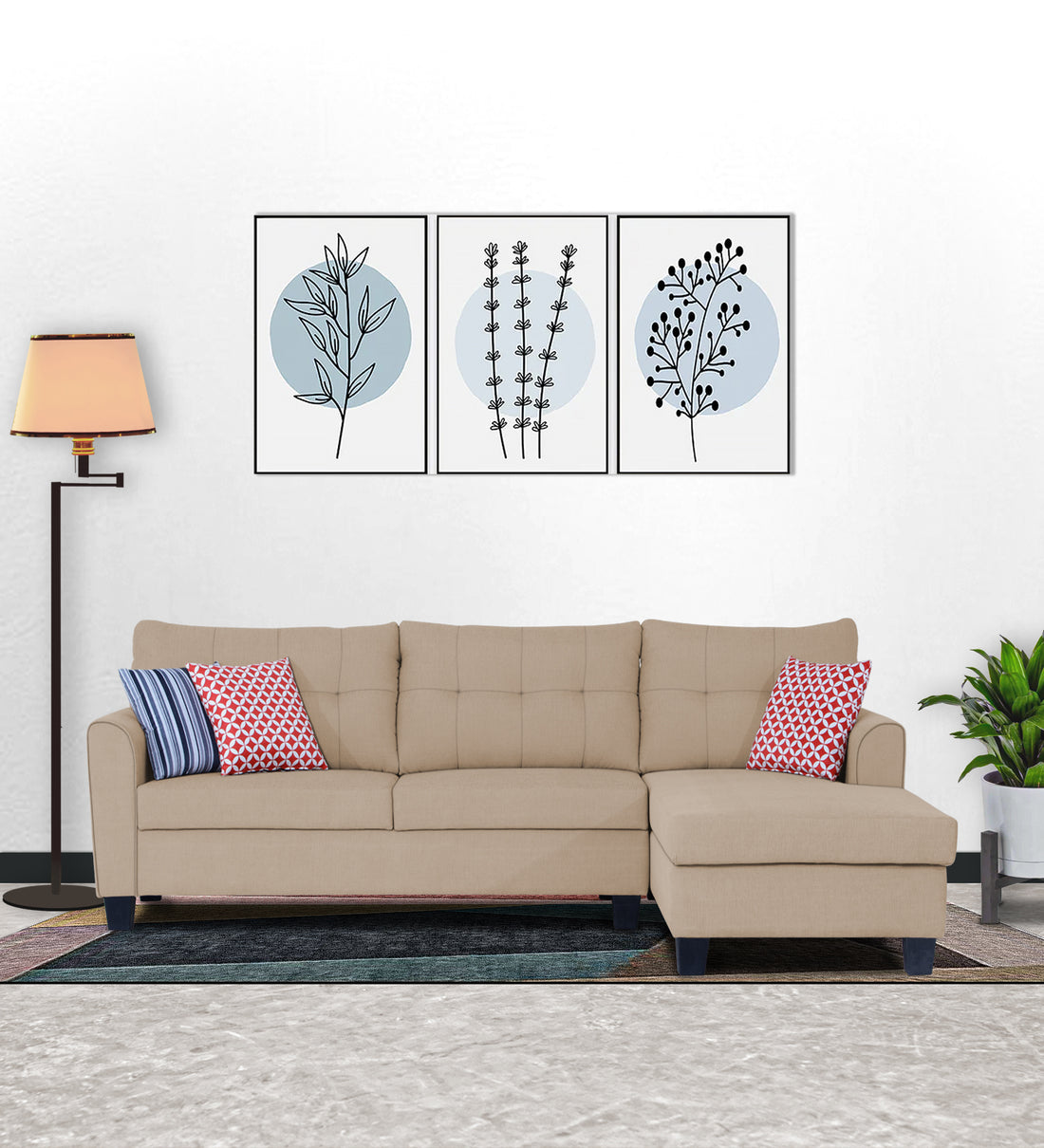 Adorn India Moris L Shape 6 Seater Sofa Set RHS (Beige) (3 Year Warranty)