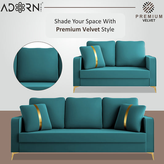 Adorn India Premium Chandler - 3 Years Warranty - 3+2 Sofa Set Velvet Suede Fabric - Aqua Blue