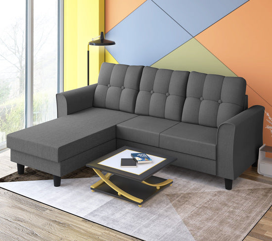 Adorn India Maddox Tufted L Shape 4 Seater Wood Sofa Set (Grey) (3 Year Warranty)