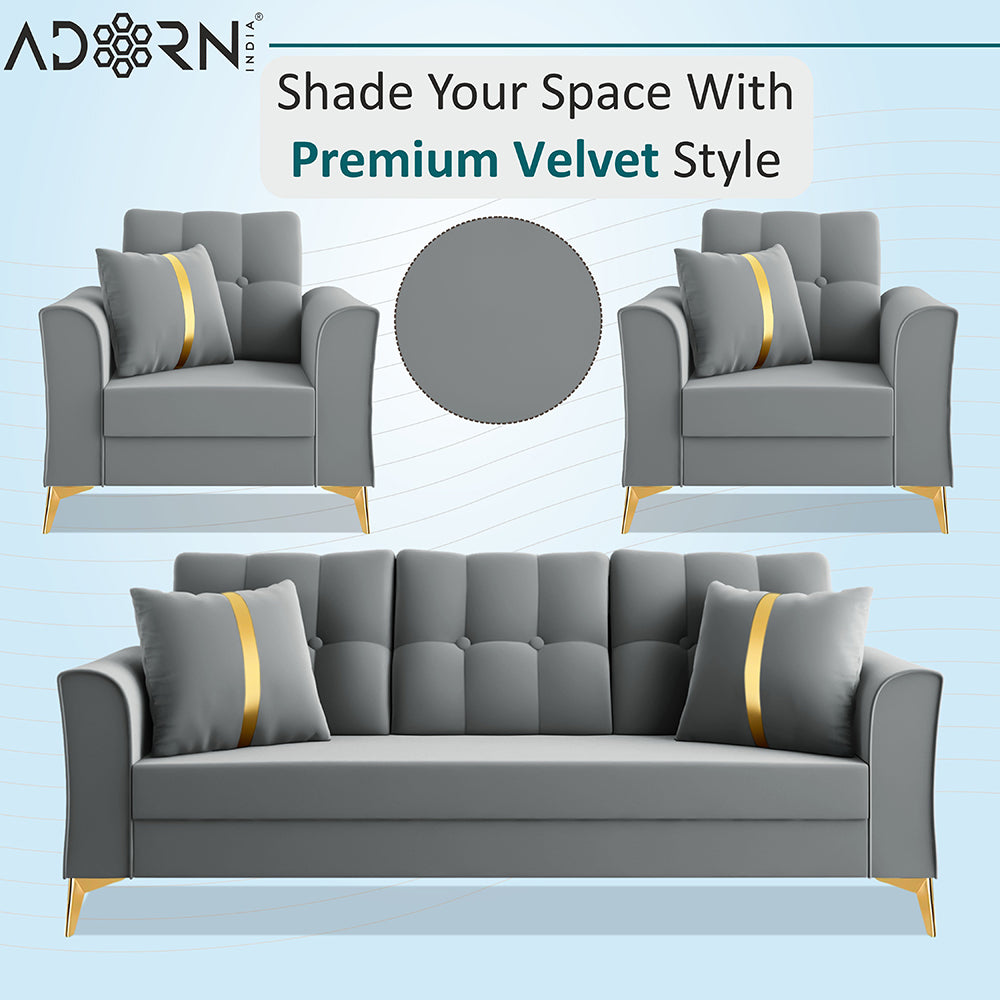 Adorn India Premium Maddox Tufted - 3 Years Warranty - 3+1+1 Sofa Set Velvet Suede Fabric - Grey