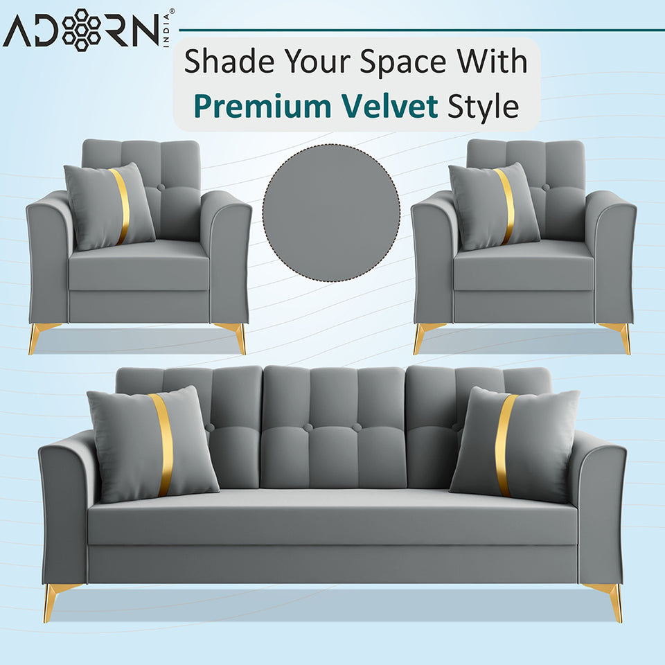 Premium Maddox Tufted - - 3+1+1 Sofa Set Velvet Suede Fabric - Grey