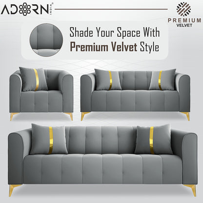 Adorn India Premium Mystic - 3 Years Warranty - 3+2+1 Sofa Set Velvet Suede Fabric - Grey