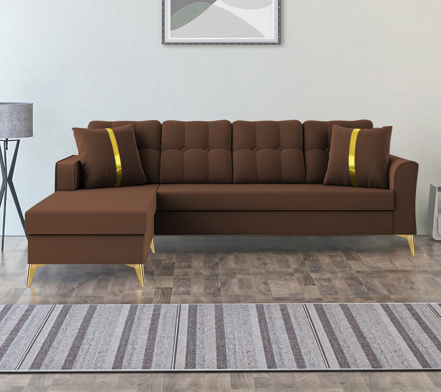 Adorn India Premium Maddox Tufted- 3 Years Warranty - L Shape 5 Seater Sofa Set -LHS-Velvet Suede Fabric - Brown