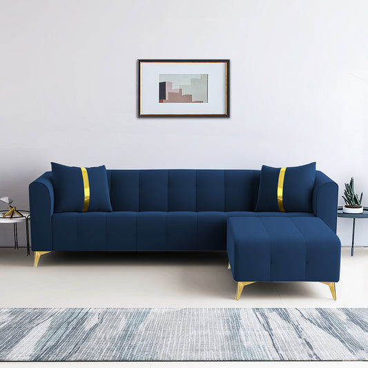 Adorn India Premium Mystic - 3 Years Warranty - L Shape 5 Seater Sofa Set Velvet Suede Fabric - Blue