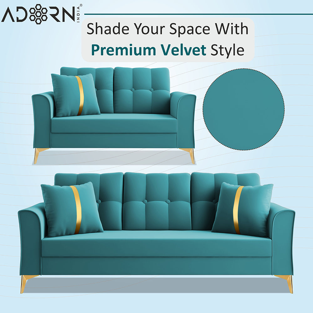 Adorn India Premium Maddox Tufted - 3 Years Warranty - 3+2 Sofa Set Velvet Suede Fabric - Aqua Blue