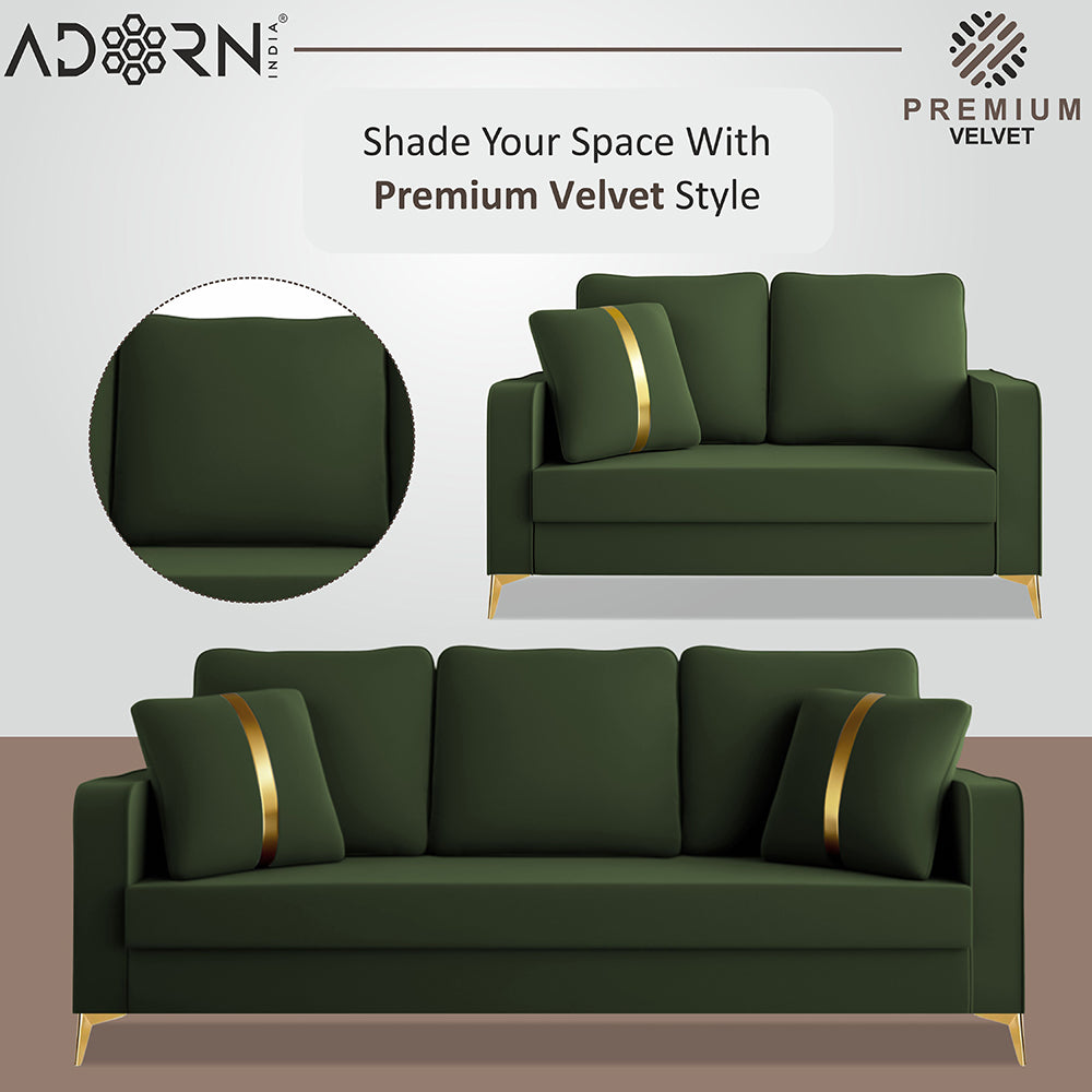 Adorn India Premium Chandler - 3 Years Warranty - 3+2 Sofa Set Velvet Suede Fabric - Green