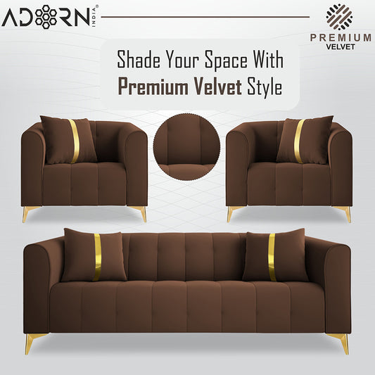 Adorn India Premium Mystic - 3 Years Warranty - 3+1+1 Sofa Set Velvet Suede Fabric - Brown