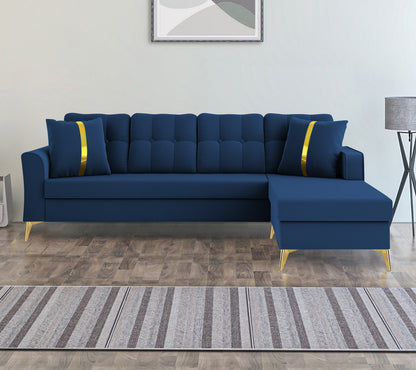 Adorn India Premium Maddox Tufted- 3 Years Warranty - L Shape 5 Seater Sofa Set -RHS-Velvet Suede Fabric -Blue