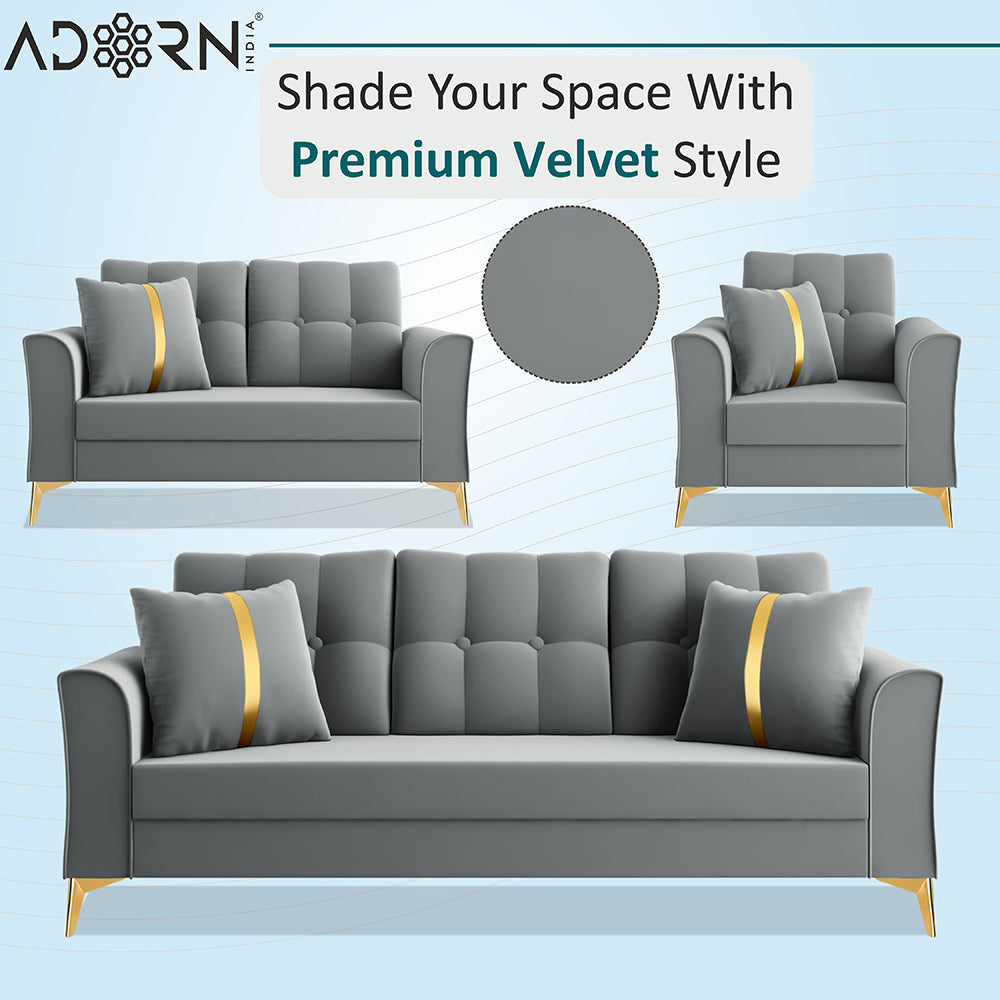 Adorn India Premium Maddox Tufted - 3 Years Warranty - 3+2+1 Sofa Set Velvet Suede Fabric - Grey