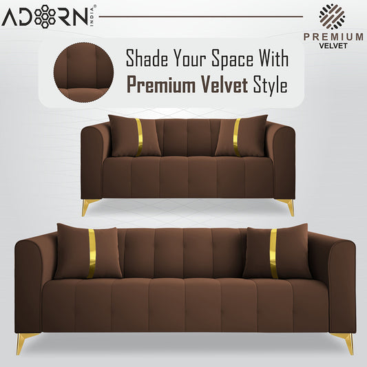 Adorn India Premium Mystic - 3 Years Warranty - 3+2 Sofa Set Velvet Suede Fabric - Brown