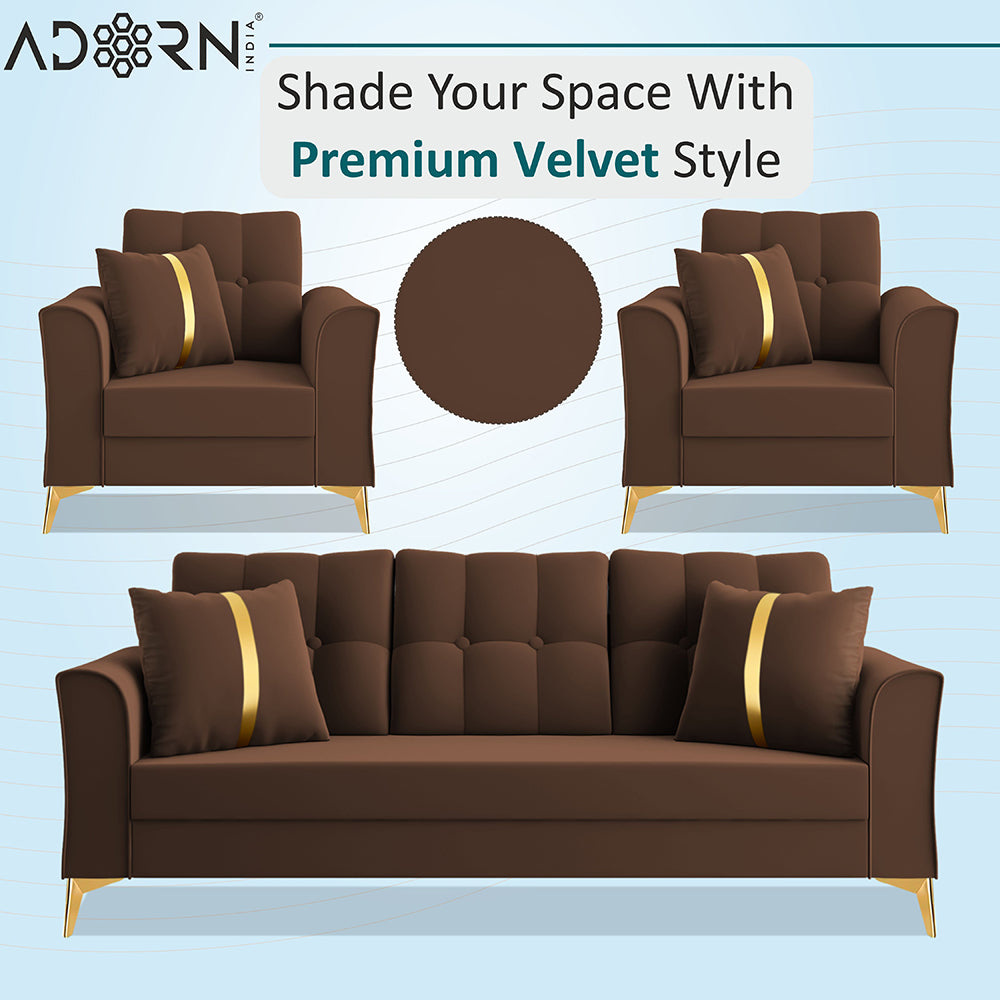 Adorn India Premium Maddox Tufted - 3 Years Warranty - 3+1+1 Sofa Set Velvet Suede Fabric - Brown