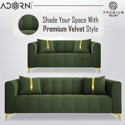 Adorn India Premium Mystic - 3 Years Warranty - 3+2 Sofa Set Velvet Suede Fabric - Green