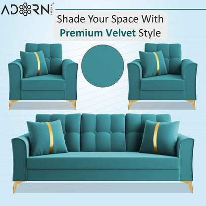 Adorn India Premium Maddox Tufted - 3 Years Warranty - 3+1+1 Sofa Set Velvet Suede Fabric - Aqua Blue