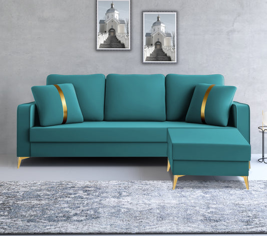 Adorn India Premium Chandler - 3 Years Warranty - L Shape 4 Seater Sofa Set Velvet Suede Fabric - Aqua Blue