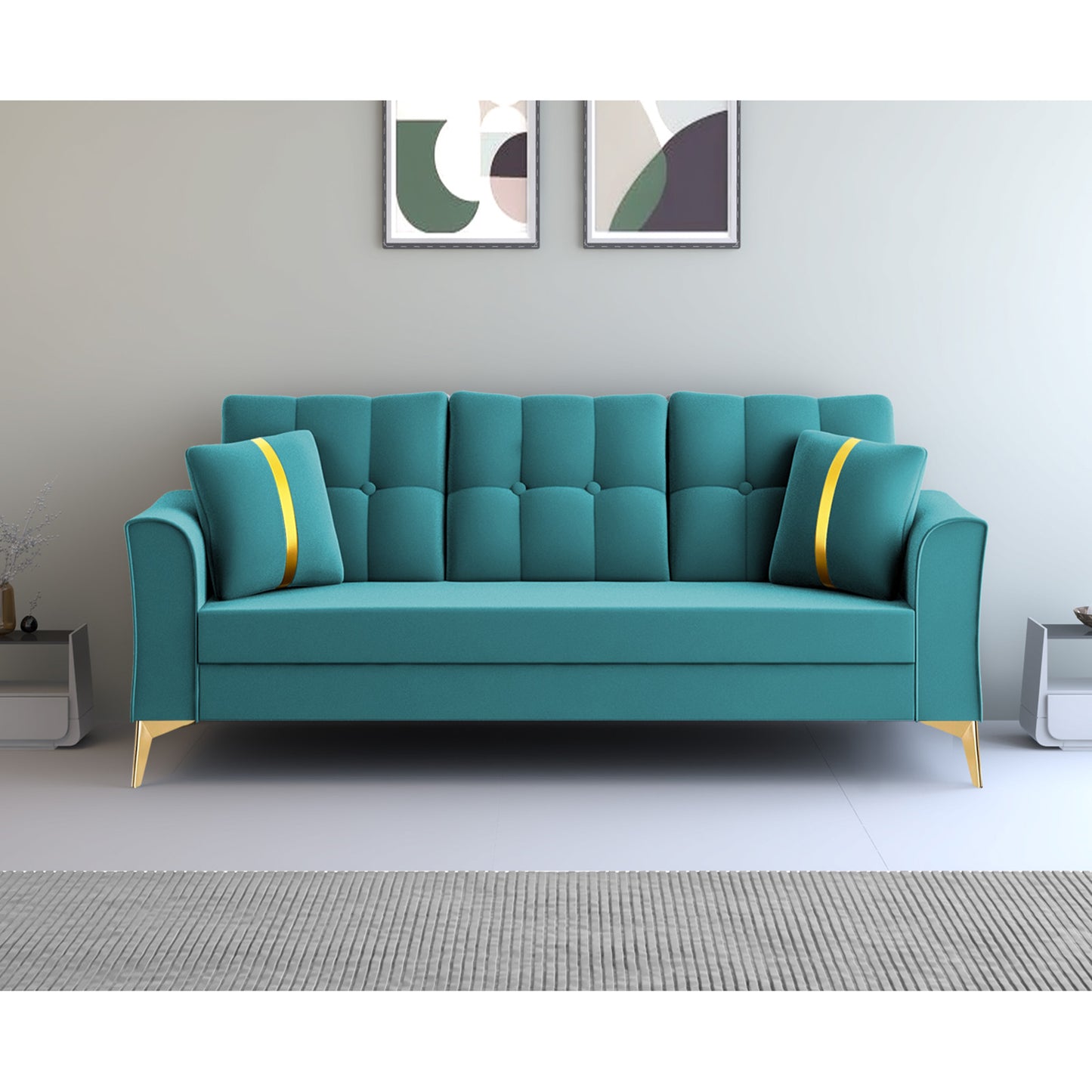 Adorn India Premium Maddox Tufted - 3 Years Warranty - 3 Seater Sofa Velvet Suede Fabric - Aqua Blue