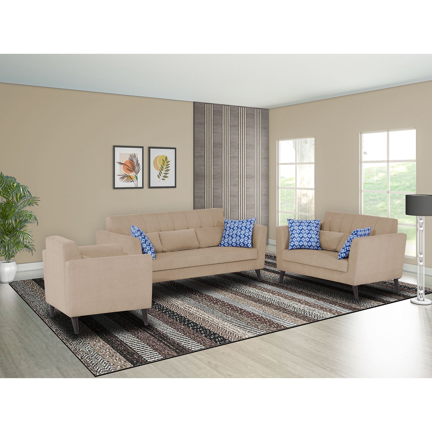 Adorn India Daniel 3+2+1 6 Seater Sofa Set (Beige) (3 Year Warranty)