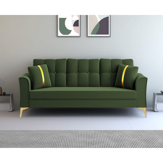 Adorn India Premium Maddox Tufted - 3 Years Warranty - 3 Seater Sofa Velvet Suede Fabric - Green