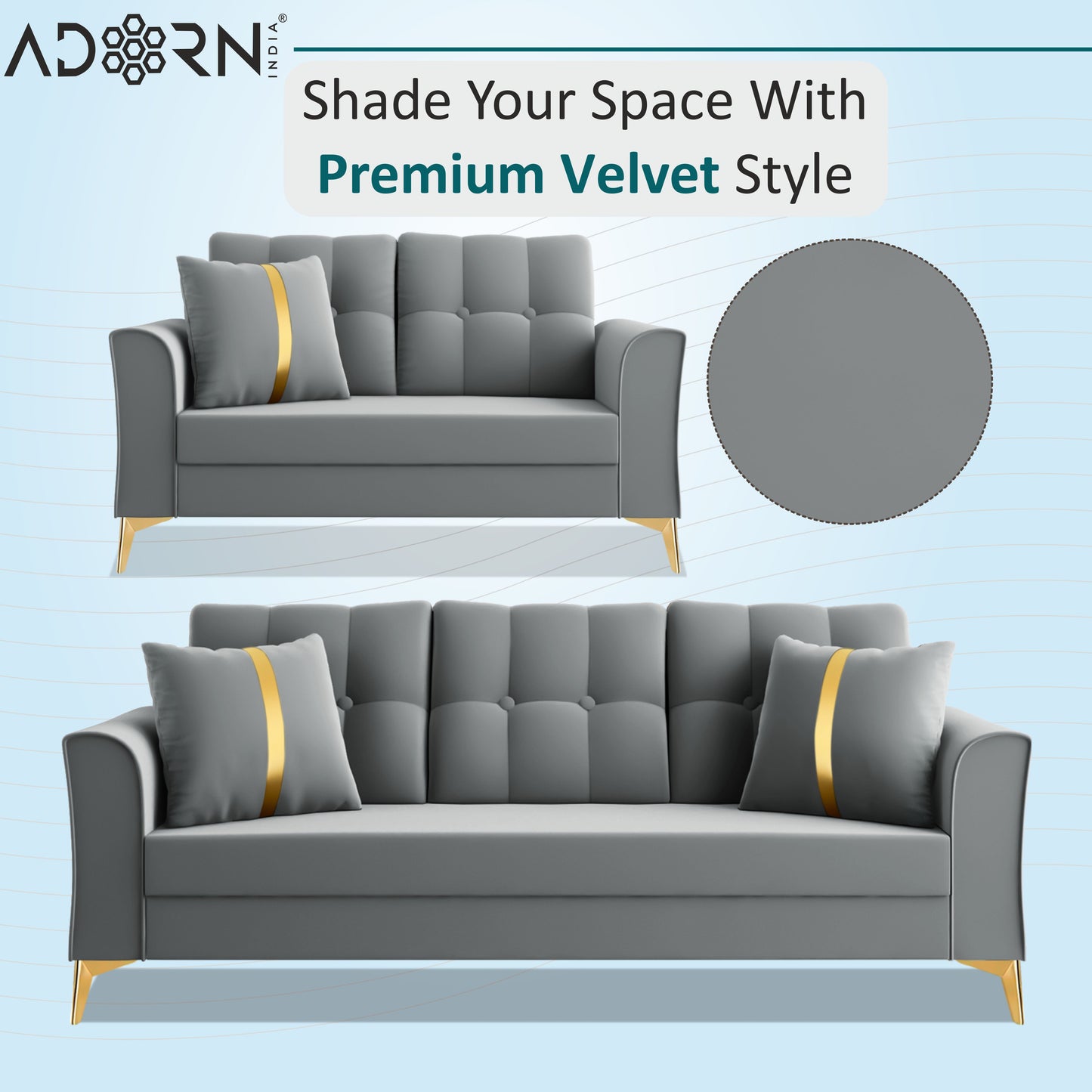 Adorn India Premium Maddox Tufted - 3 Years Warranty - 3+2 Sofa Set Velvet Suede Fabric - Grey