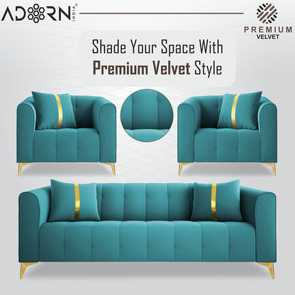 Adorn India Premium Mystic - 3 Years Warranty - 3+1+1 Sofa Set Velvet Suede Fabric - Aqua Blue