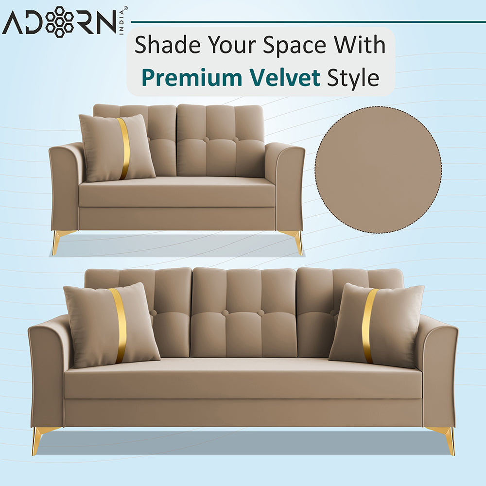 Adorn India Premium Maddox Tufted - 3 Years Warranty - 3+2 Sofa Set Velvet Suede Fabric - Beige