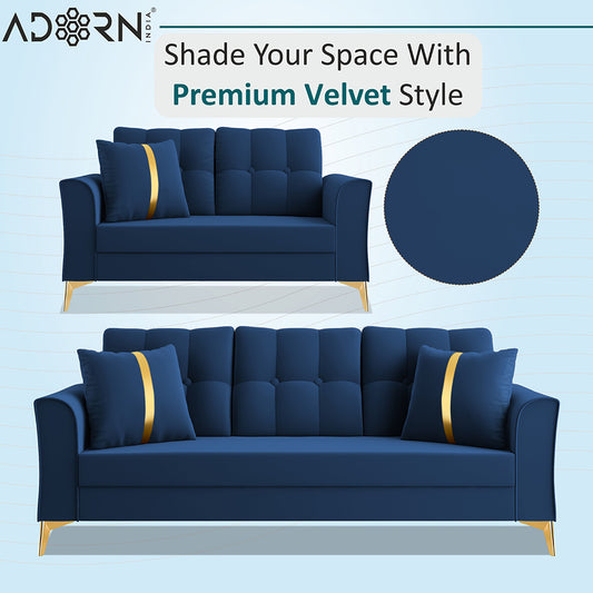 Adorn India Premium Maddox Tufted - 3 Years Warranty - 3+2 Sofa Set Velvet Suede Fabric - Blue