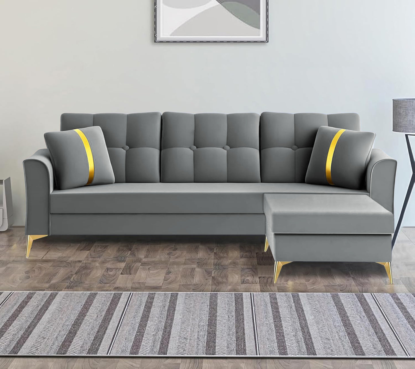 Adorn India Premium Maddox Tufted - 3 Years Warranty - L Shape 4 Seater Sofa Set Velvet Suede Fabric - Grey