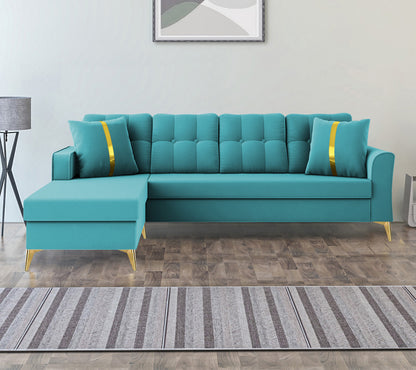 Adorn India Premium Maddox Tufted- 3 Years Warranty - L Shape 5 Seater Sofa Set -LHS-Velvet Suede Fabric - Aqua Blue