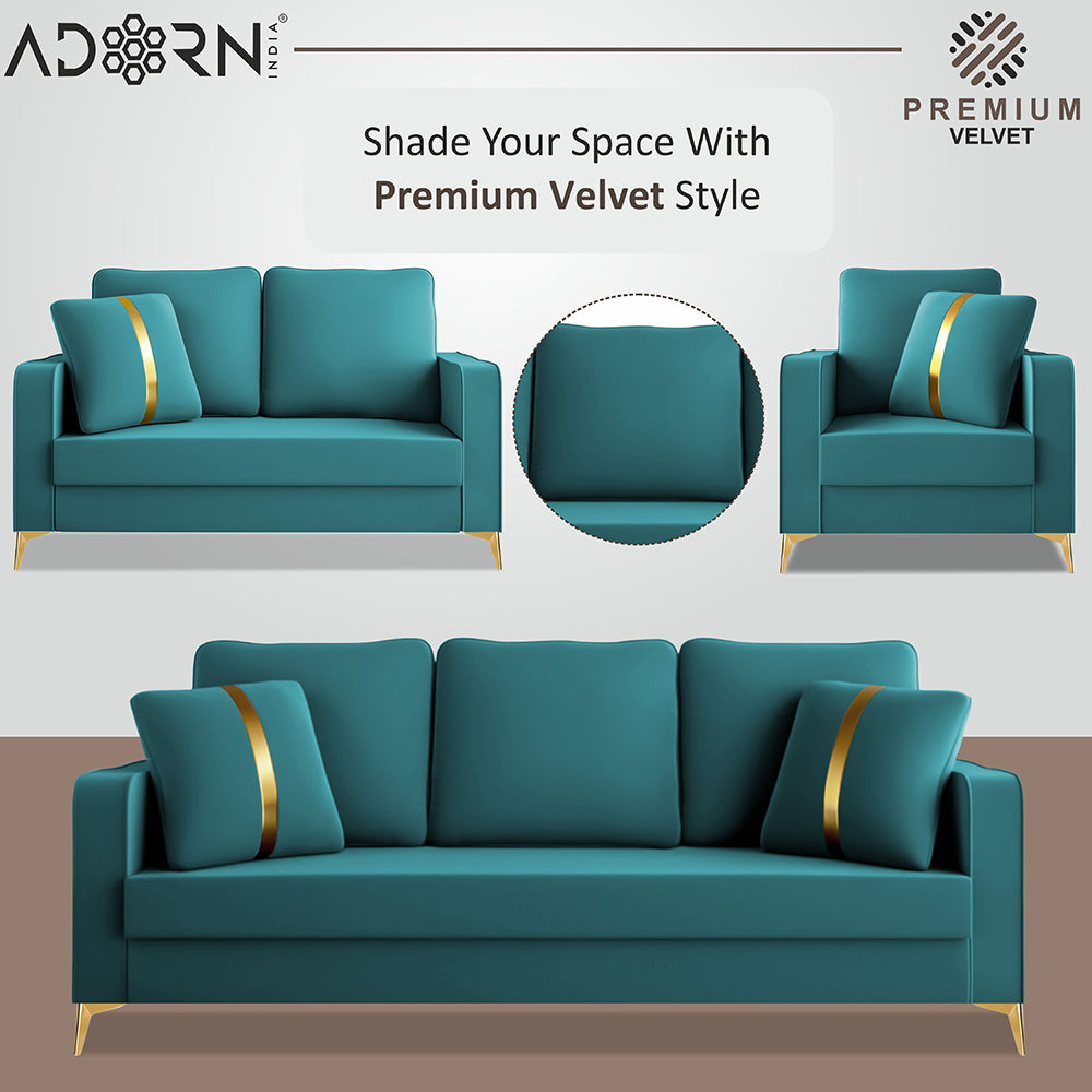 Adorn India Premium Chandler - 3 Years Warranty - 3+2+1 Sofa Set Velvet Suede Fabric - Aqua Blue