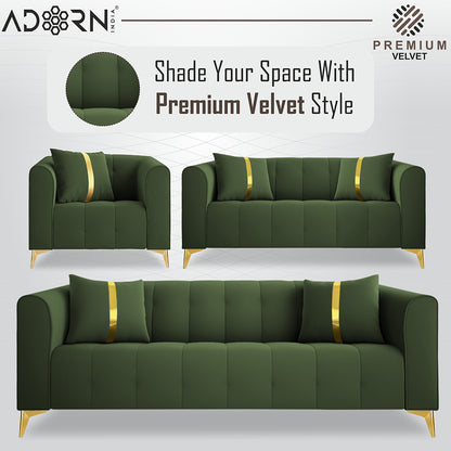 Adorn India Premium Mystic - 3 Years Warranty - 3+2+1 Sofa Set Velvet Suede Fabric - Green