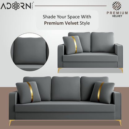 Adorn India Premium Chandler - 3 Years Warranty - 3+2 Sofa Set Velvet Suede Fabric - Grey