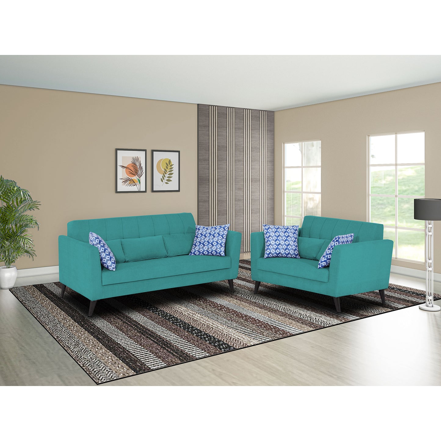 Adorn India Daniel 3+2 5 Seater Sofa Set (Aqua Blue)