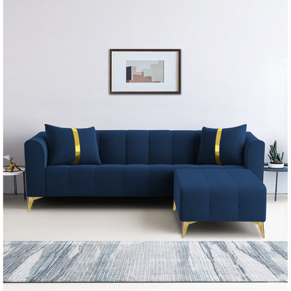 Adorn India Premium Mystic - 3 Years Warranty - L Shape 4 Seater Sofa Set Velvet Suede Fabric - Blue