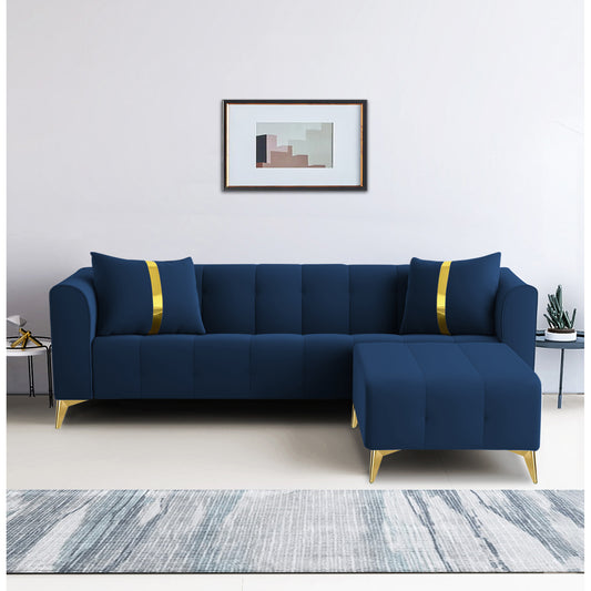 Adorn India Premium Mystic - 3 Years Warranty - L Shape 4 Seater Sofa Set Velvet Suede Fabric - Blue