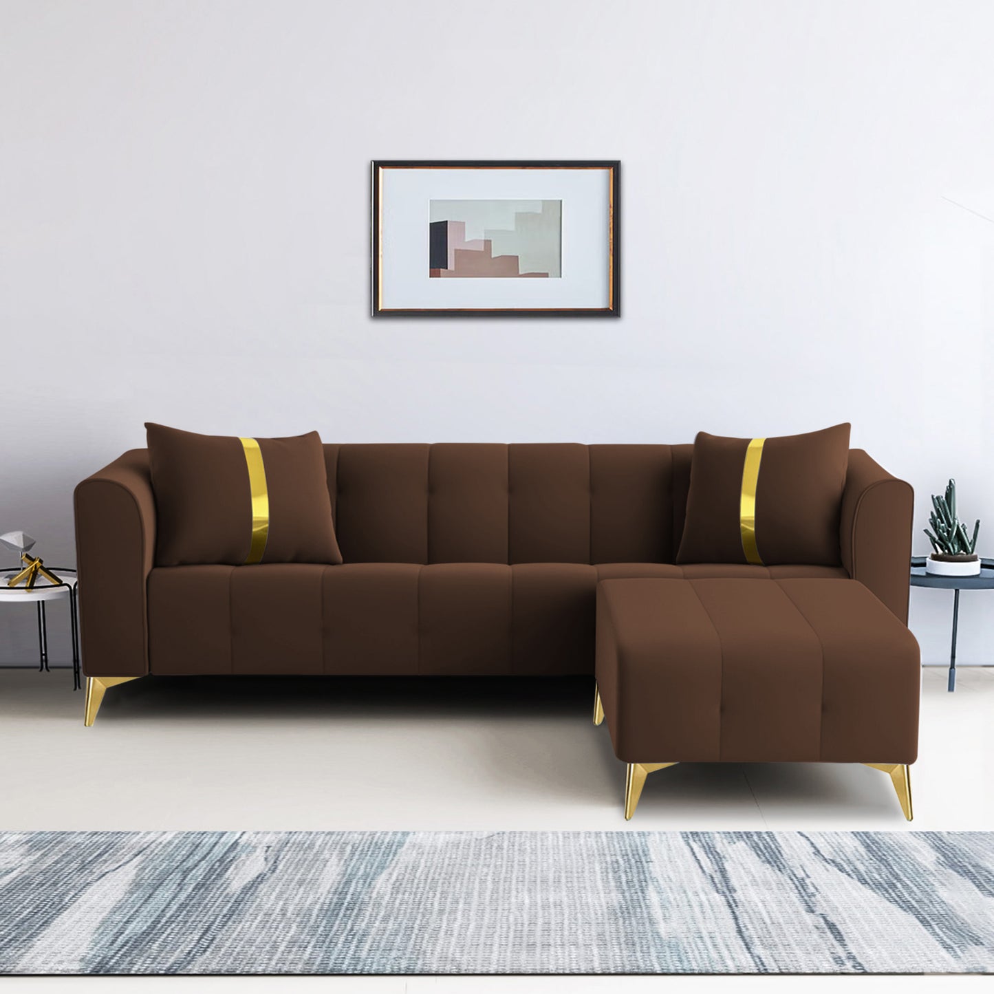 Adorn India Premium Mystic - 3 Years Warranty - L Shape 4 Seater Sofa Set Velvet Suede Fabric - Brown