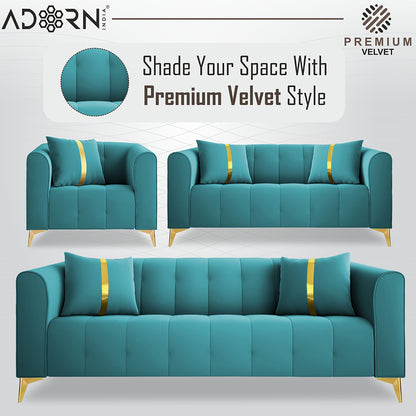 Adorn India Premium Mystic - 3 Years Warranty - 3+2+1 Sofa Set Velvet Suede Fabric - Aqua Blue