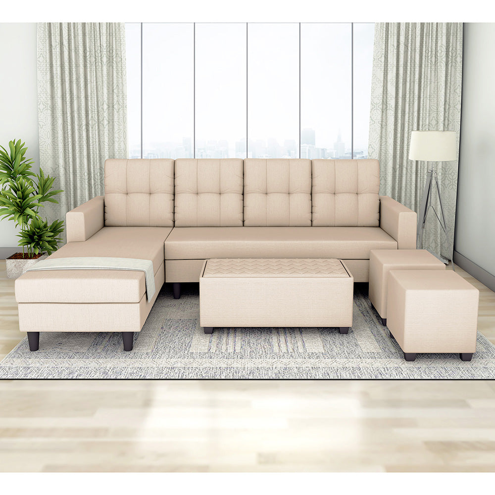 Darcy L Shape 8 Seater Sofa Set with Center Table and 2 Ottoman Puffy (LHS) (Beige)