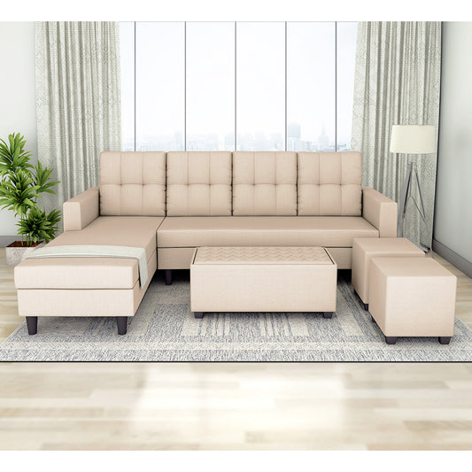 Adorn India Darcy L Shape 8 Seater Sofa Set with Center Table and 2 Ottoman Puffy (LHS) (Beige)