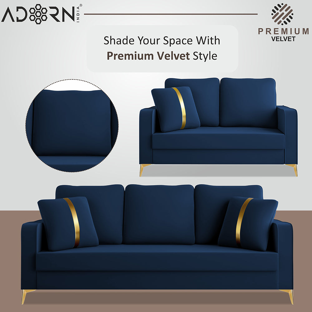 Adorn India Premium Chandler - 3 Years Warranty - 3+2 Sofa Set Velvet Suede Fabric - Blue