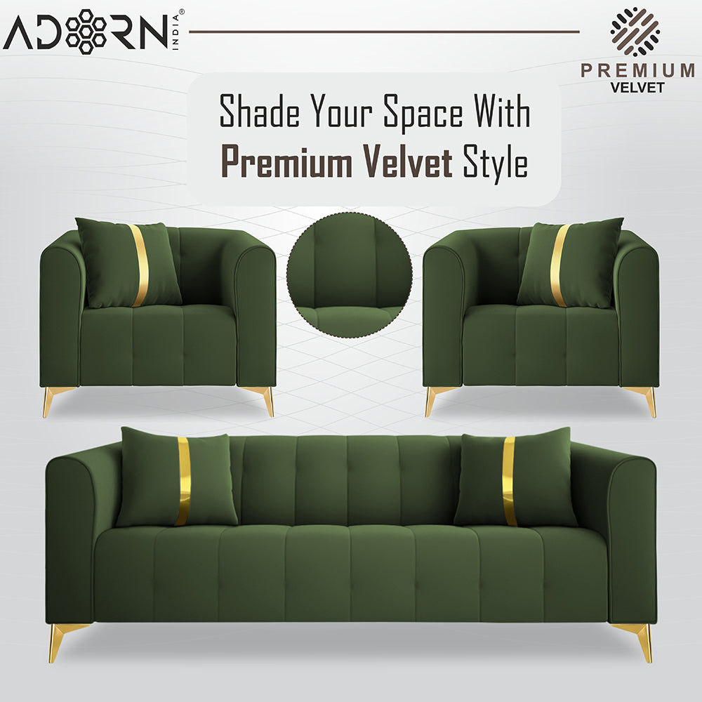 Adorn India Premium Mystic - 3 Years Warranty - 3+1+1 Sofa Set Velvet Suede Fabric - Green