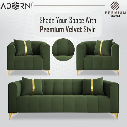 Adorn India Premium Mystic - 3 Years Warranty - 3+1+1 Sofa Set Velvet Suede Fabric - Green