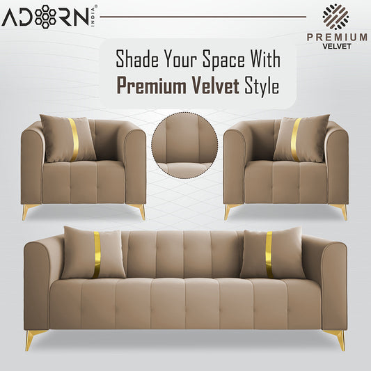 Adorn India Premium Mystic - 3 Years Warranty - 3+1+1 Sofa Set Velvet Suede Fabric - Beige