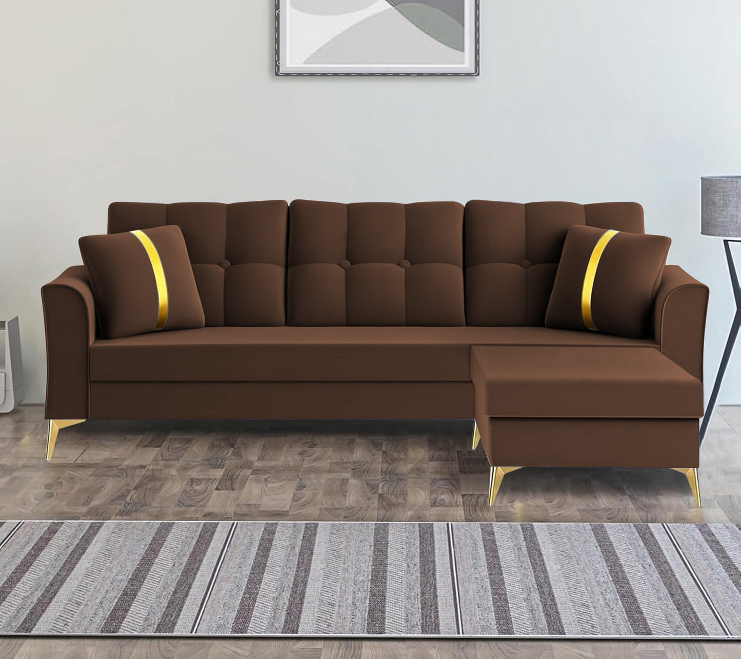 Adorn India Premium Maddox Tufted - 3 Years Warranty - L Shape 4 Seater Sofa Set Velvet Suede Fabric - Brown