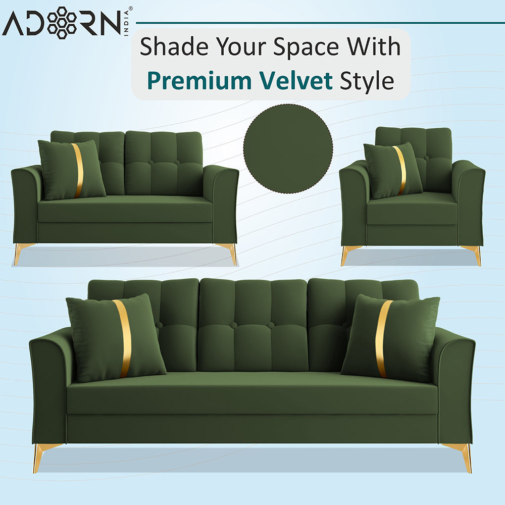 Adorn India Premium Maddox Tufted - 3 Years Warranty - 3+2+1 Sofa Set Velvet Suede Fabric - Green