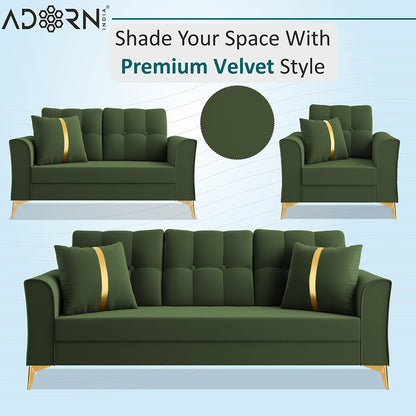 Adorn India Premium Maddox Tufted - 3 Years Warranty - 3+2+1 Sofa Set Velvet Suede Fabric - Green