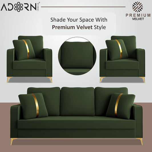 Adorn India Premium Chandler - 3 Years Warranty - 3+1+1 Sofa Set Velvet Suede Fabric - Green