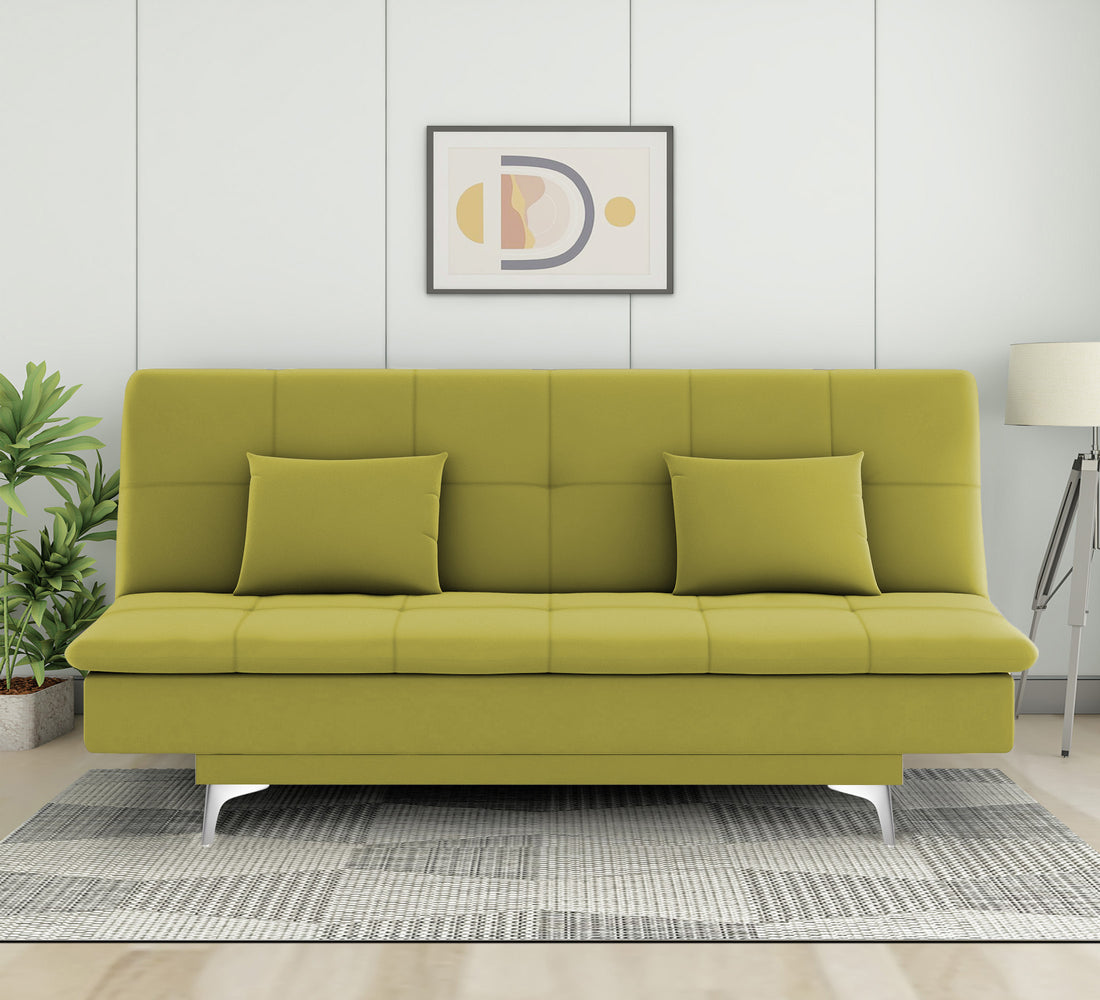 Adorn India Premium New Aspen 3 Seater Sofa Cum Bed 4X6 Velvet Suede with 2 Cushions (Color Light Green) and Suitable for All Indoor, with 3 Years Warranty