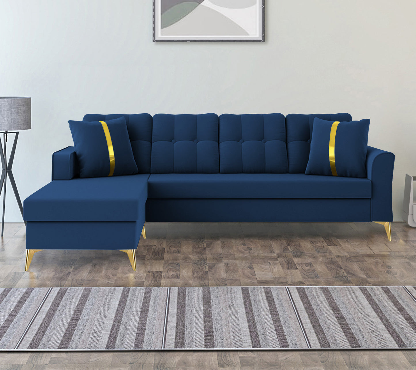 Adorn India Premium Maddox Tufted- 3 Years Warranty - L Shape 5 Seater Sofa Set -LHS-Velvet Suede Fabric -Blue