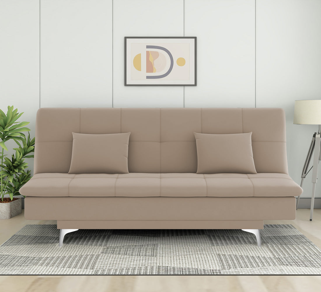 Adorn India Premium New Aspen 3 Seater Sofa Cum Bed 4X6 Velvet Suede with 2 Cushions (Color Light Beige) and Suitable for All Indoor, with 3 Years Warranty